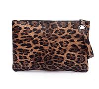 Tskybag - Pochette da donna, con cinturino da polso, da sera, grandi dimensioni, in pelle ecologica in poliuretano, Marrone leopardato., Large