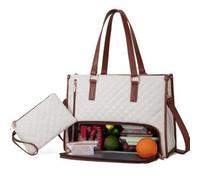 TSMORY Borsa per laptop con scomparto per il pranzo isolato per le donne grande borsa per il pranzo in pelle PU borsa per laptop, Beige