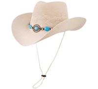 TSMORY Cappello di paglia con pietre preziose etniche per donne e uomini, cappello vintage occidentale a prova di sole, cappello di paglia fatto a mano per vacanze in, Come mostrato nell'immagine
