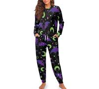 TSOVTHRID Pigiama da donna per Halloween, taglia S-2XL, morbido, a maniche lunghe, con tasche, 2 pezzi, Luna Pipistrello Viola, L