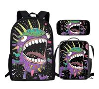 TSOVTHRID Set 3 in 1 di zaino per la scuola per bambini, borsa termica per il pranzo e portapenne, Mostro colorato dei cartoni