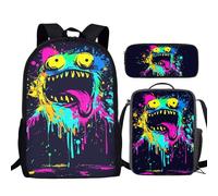 TSOVTHRID Set 3 in 1 di zaino per la scuola per bambini, borsa termica per il pranzo e portapenne, Mostro colorato divertente