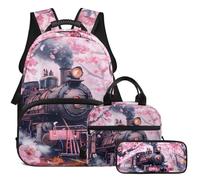 TSOVTHRID Set di 3 pezzi zaino per ragazze adolescenti grande capacità libreria e contenitore per il pranzo per ragazze adolescenti borse scolastiche per bambini 4-6, Treno Cherry Blossom