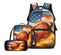 TSOVTHRID Set di 3 zaini per la scuola per bambini di grande capacità e borsa per il pranzo per ragazze e ragazzi borse scolastiche per 8-9, Football Bandiera Americana