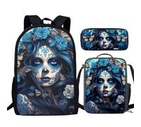 TSOVTHRID Set di borse per la scuola per bambini, 43 cm, zaini, libri, portapranzo, portapenne, Blue Sugar Skull Girls Rose Butterfly Flowers