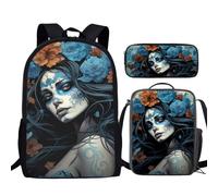 TSOVTHRID Set di borse per la scuola per bambini, 43 cm, zaini, libri, portapranzo, portapenne, Blue Sugar Skull Girl Flower Floral