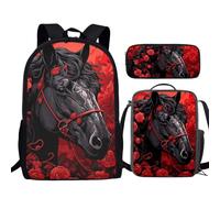 TSOVTHRID Set di borse per la scuola per bambini, 43 cm, zaini, libri, portapranzo, portapenne, Cavallo Nero Rosa Rossa