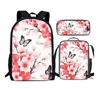 TSOVTHRID Set di borse per la scuola per bambini, 43 cm, zaini, libri, portapranzo, portapenne, Farfalle Rosa Rosso Hibiscus Blossom