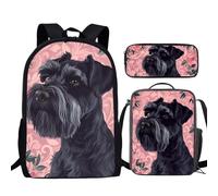 TSOVTHRID Set di borse per la scuola per bambini, 43 cm, zaini, libri, portapranzo, portapenne, Schnauzer Rosa Ibisco Floreale