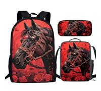 TSOVTHRID Set di zaino per la scuola per bambini, ragazzi, ragazze, zaino, borsa per libri, portapranzo isolato, Cavallo Rosso Rose Fiori Floreali, medium