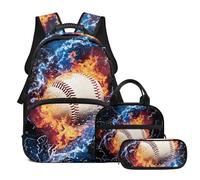TSOVTHRID Zaino 3 in 1 per ragazzi e ragazzi, leggero, 10-12 anni, borsa per la scuola e kit per il pranzo, Fiamma Fulmine Baseball
