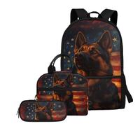 TSOVTHRID Zaino 3 in 1 per ragazzi e ragazzi, leggero, con portapranzo, per ragazzi e ragazze, 8-10 anni, Bandiera americana Pastore Tedesco