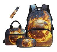 TSOVTHRID Zaino 4 in 1 per ragazzi e ragazzi, leggero, 10-12 anni, borsa per la scuola e kit per il pranzo, Calcio Fiamma