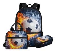 TSOVTHRID Zaino per la scuola per bambini, 3 pezzi, leggero, per ragazze, con portapranzo, borse per la scuola, 9-10 anni, Fiamma Calcio Acqua