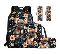 TSOVTHRID Zaino per la scuola per bambini, 4 pezzi, grande capacità, per ragazze, con scatola per il pranzo, borse per la scuola per adolescenti, 8-10 anni, Pug Dog Flower-2