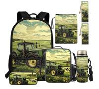 TSOVTHRID Zaino per ragazzi 4-6 6-8 8-10 età Bookbag Borsa termica per il pranzo 6 in 1 Astuccio per matite copertina libro, Trattore Green Field, Zaini Daypack