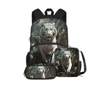TSOVTHRID Zaino scolastico 3 in 1 per ragazzi leggero Bookbag per ragazzi con scatola per il pranzo per adolescenti borse da scuola per 8-9, Tigre Bianca della giungla