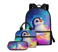 TSOVTHRID Zaino scolastico per ragazze, leggero, con scatola per il pranzo, 3 pezzi, per ragazze, 10-12 anni, Pinguino Cielo Stellato