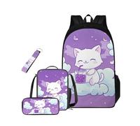 TSOVTHRID Zaino scolastico per ragazze, leggero, età 8-10 anni, 4 pezzi, con borsa per il pranzo, Gatto del cielo stellato