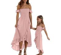 TSQFE Bella Mamma Figlia Abbinata Abiti off Spalla Maxi rassuffle Backless Abbinamento Outfit Manica Corta Spiaggia Mamma Figlia Abbigliamento Abiti (Color : Pink, Size : 4-5 Years)