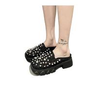 TSRLXYZ UN Baotou mezze pantofole for abbigliamento esterno da donna primavera ed estate sandali con suola spessa in rete traspirante con strass perlati nicchia con punta larga(Black,37 EU)