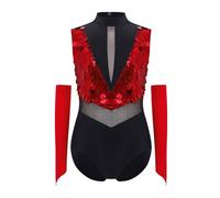 TSSOE Bambina Bambina Tutu Per Gimnastica Balletto Concorso Danza Jazz Chacha Spettacolo Di Scena Blocchi Di Colore Sequine Scintillanti Rosso 7-8 anni