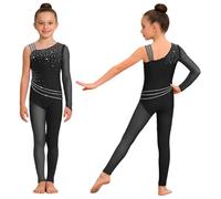 TSSOE Bambina Costume Pattinaggio Artistico Bambine Unitard Ginnastico Con Maniche Lunghe E Un Ombrello Che Copre Tutto Il Corpo Nero 9-10 anni