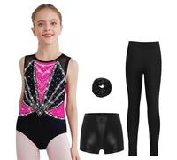 TSSOE Combinazione Sportiva Per La Palestra Per Bambina Insieme Reggiseno Elastico Maglia Sportiva Leggings Short Top Patinaggio Artistico Strass Schiena Nuda Rosa scuro 9-10 anni