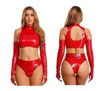 TSSOE Costume Danza Classica Abbigliamento Gimnastica Donna Outfit Il Club Danza Pole In Lattice Abiti Due Pezzi In Pu Coordinati Notte In Lattice Rosso XXL