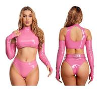TSSOE Costume Danza Classica Abbigliamento Gimnastica Donna Outfit Il Club Danza Pole In Lattice Abiti Due Pezzi In Pu Coordinati Notte In Lattice Rosa XL