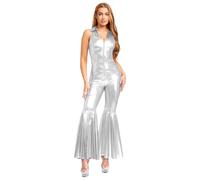 TSSOE Costume Disco Anni 70 80 90 Donna Retrò Tuta Serata Travestimento Pantaloni A Zampa Abbigliamento Halloween Maschera Spettacoli Sul Palco Argento 3XL