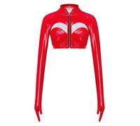 TSSOE Donna Alto Corto Maniche Lunghe Look Moto Serata Disco Clubbing Sexy Bolero Top con Guanti Zip Davanti Rosso 4XL