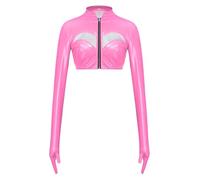 TSSOE Donna Alto Corto Maniche Lunghe Look Moto Serata Disco Clubbing Sexy Bolero Top con Guanti Zip Davanti Rosa Acceso XL