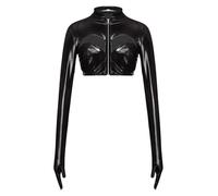 TSSOE Donna Alto Corto Maniche Lunghe Look Moto Serata Disco Clubbing Sexy Bolero Top con Guanti Zip Davanti Nero M