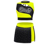 TSSOE Mini Gonna E Top Corto Insieme Danza Latino Jazz Moderno Bambina Costume Pom Pom Girl Halloween Festa Compleanno Carnevale Gioco Di Ruolo Giallo fluorescente 15-16 anni