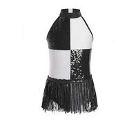 TSSOE Rosa Per Bambina Per Danza Latina Salsa Cha Cha Tango Spettacolo Body Tutu Per Balletto Danza Classica Quadretto Paillette Frangiato Nero 9-10 anni