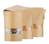 TsunNee - 50 sacchetti per alimenti in carta kraft, autoreggenti, con chiusura lampo, riutilizzabili, buste per imballaggio alimentare di carta marrone con finestra trasparente, 18 x 30 cm