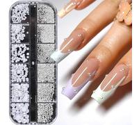 TSUOUKL 1 caja/12 trass per nail art,cuadrículas de diamantes de imitación, perlas blancas para uñas, bolas de perlas semicirculares, colgantes de uñas, cuentas de caviar, perlas blancas
