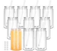 Tswofia Confezione da 10 bicchieri in plastica con coperchio e cannuccia, da 473,6 ml, a doppia parete, pre-forati, per decorazioni fai da te con neve (trasparente)