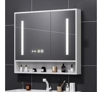 TSYORHSC Mobiletto con Specchio per Il Bagno con Contenitore, Specchio per armadietto dei medicinali a Parete in Legno massello, Nero/Bianco, Specchio per Il Bagno con luci a LED e antiappannamento,