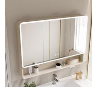 TSYORHSC Mobiletto per medicinali Moderno a Parete con luci a LED, Specchio antiappannamento e ripiano portaoggetti Aperto per mobiletto del Bagno, Beige, 35,4 pollici/90 cm - Elegante e funzion