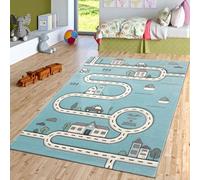 TT Home Moderno tappeto blu per la camera dei bambini con disegno di strada, casa e auto, per l'apprendimento, Dimensione:120 cm Rund