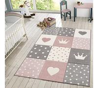 TT Home Tappeto da gioco per bambini, a quadri, con puntini, stelle e luna, colori pastello bianco e grigio, Dimensione:140x200 cm