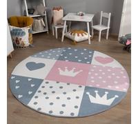 TT Home Tappeto per cameretta Tappeto per bambini ragazzo ragazza Tappeto bambini cuori, Colore:Grigio Rosa Beige, Dimensione:120 cm tondo