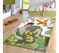 TT Home Tappeto per la camera dei bambini, verde, con dinosauri, giungla e vulcano a effetto 3D, a pelo corto, Dimensione:Ø 120 cm Tondo