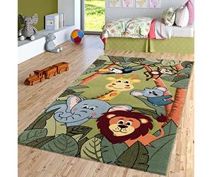 TT Home Tappeto verde per la camera dei bambini, con gli animali della giungla: giraffe, leoni, scimmie e ippopotami, Dimensione:Ø 120 cm Tondo