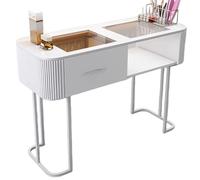TT-YEC Tavolo Manicure Con Struttura in Metallo Bianco, Tavolo Manicure A Doppio Strato Con Cassetti E Piano in Vetro Trasparente, Postazione Di Lavoro Per Salone Di Bellezza,Al100cm