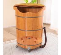TT-YEC Vasca Per Pediluvio in Legno Per Uso Domestico, Vasca Rotonda Per Pediluvio Con Coperchio E Palla Massaggiante, Ruote Universali, Vasca Per Pediluvio in Legno Naturale,H50cm