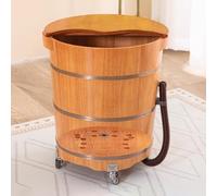 TT-YEC Vasca Per Pediluvio in Legno Per Uso Domestico, Vasca Rotonda Per Pediluvio Con Coperchio E Palla Massaggiante, Ruote Universali, Vasca Per Pediluvio in Legno Naturale,H40cm