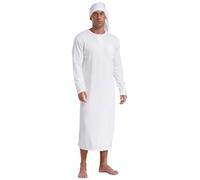 TTAO Camicia da notte da uomo con cuffia a maniche lunghe, con chiusura a bottoni, morbida, fresca, pigiama da uomo, biancheria da notte, bianco, L